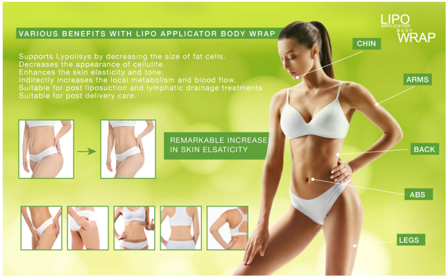 Bio Healing Lipo Applicator Tummy Body Wrap with Guarana, Green Tea and Seaweed Wraps (4 Wraps + Defining Gel (5.07 Oz))