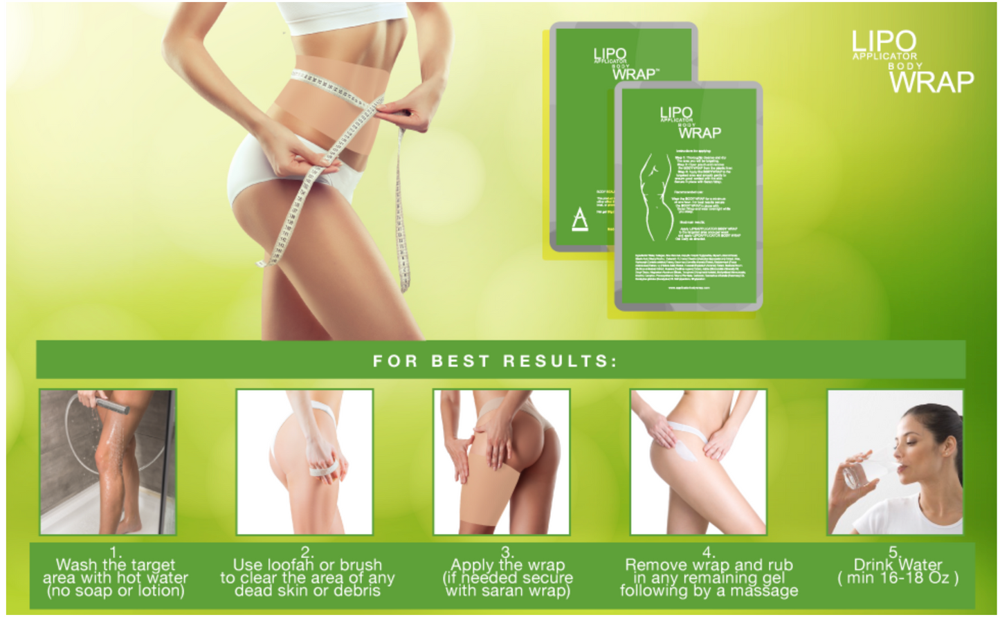 Bio Healing Lipo Applicator Tummy Body Wrap with Guarana, Green Tea and Seaweed Wraps (4 Wraps + Defining Gel (5.07 Oz))